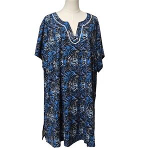 Swimsuits For All Cover Up Tunic Womens 30 Blue Tropical Leaf Beachwear
